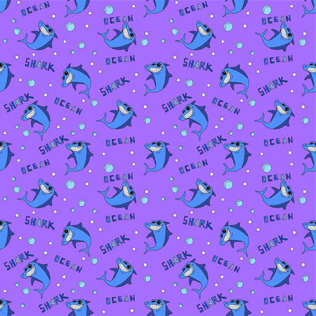 Sharks silhouettes seamless pattern. Blue smiling shark on purple background with an inscription Ocean Shark and abstract geometric shapes Can be used for invitations, greeting cards, scrapbooking, print, gift wrap, manufacturing. Vector illustrationのイラスト素材