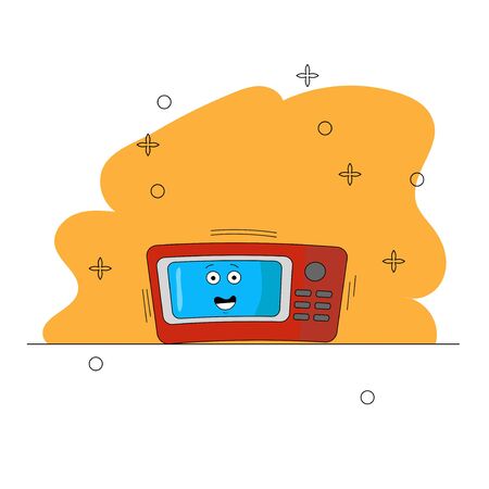 Cartoon microwave kitchen appliances. Funny character. A red and blue microwave with eyes on a yellow background is working. For clothing design, icons, stock symbol online stores. For games, web applications. Vector illustrationのイラスト素材