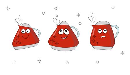 Set of icons kitchen appliances with different emotions. Red boiling kettle in cartoon style. Cheerful, happy, tired. To create icons in web design, on sites, landing pages. Vector illustration. Cartoon character tea potのイラスト素材
