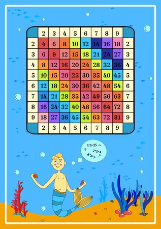 Square multiplication. Table poster with cartoon mermaid for printing educational material at school or at home. Educational card with Sand, algae, shells, fish. Pifagor multiplication table. Math for kids. White and blueのイラスト素材