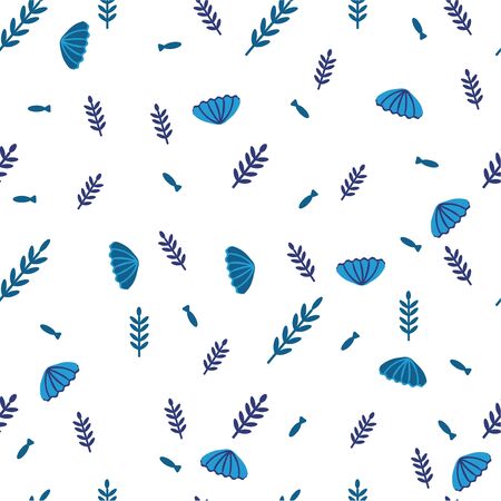 Marine background Hand drawn vector illustrations - seamless pattern of Blue seashells and algae. Doodle style Perfect for invitations, greeting cards, posters, prints, banners, flyers, wallpaper, interiors, scrapbookingのイラスト素材