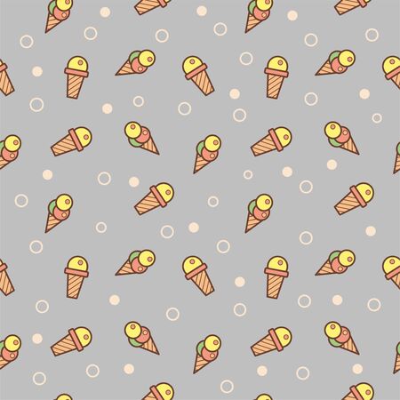 Ice cream and candy Doodle seamless pattern. With different types ice cream waffle cone, cup ice cream. Great for yummy summer dessert wallpaper, backgrounds, packaging, fabric, scrapbooking, and giftwrap projects. Surface pattern design. Vectorのイラスト素材