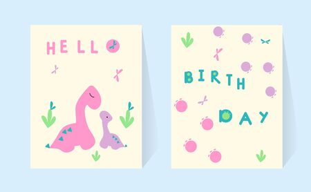 Set cards Mom and baby. Dinosaurs. Happy birthday greeting. Doodle poster lettering hand-drawn. Sketch. Pink and mint color. Geometric Shapes Dino Vector Illustration. For print baby shower invitation. Cover with diplodocusのイラスト素材