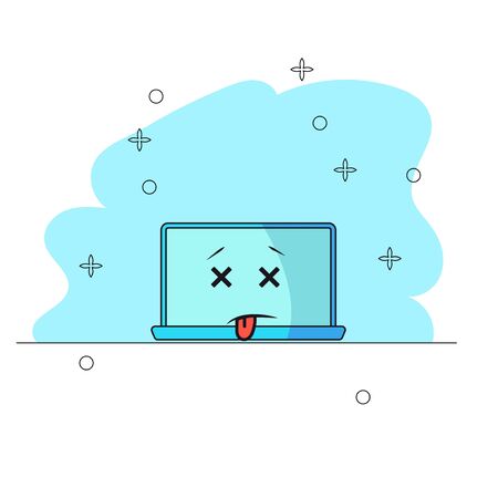 Computer crashed. Breakdown Funny cartoon computer character with with eyes closed and tongue hanging out. Sick and medication Needs help. Vector illustration for blog, website, booklet, banner Vector illustration for blog, website, booklet, banner.のイラスト素材