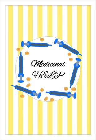 Medical banner in a flat style. Pharmaceutical. A sheet of paper with blue and beige lines. Syringes form a circle around the inscription medical help. For medical offices, sites, interiors Vector illustrationのイラスト素材