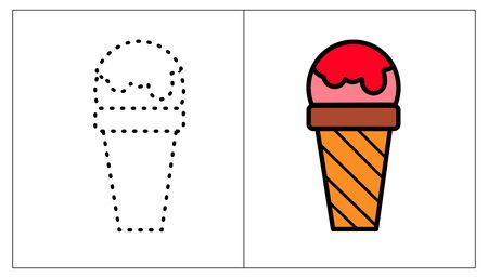 Draw a cat connect the dots. Cartoon Ice cream Waffle cup with ball for educational game for children, vector illustration worksheet activity for toddlers. Educational number puzzle for kids. Coloring book Dot to dot game with food. With a sampleのイラスト素材