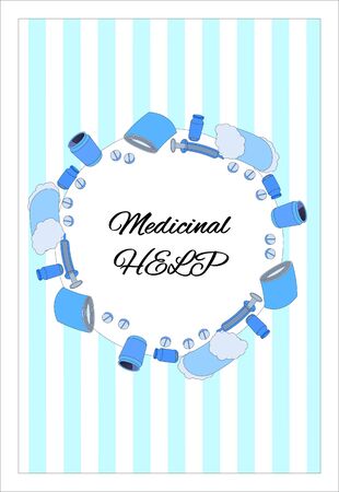 Medical poster with space for text and a frame of pills, cotton wool, bandage and syringes. Round wreath of pills on a striped background. Paper sheet with pharmaceutical elements. Vector illustration on the topic of health care. In cartoon style.のイラスト素材