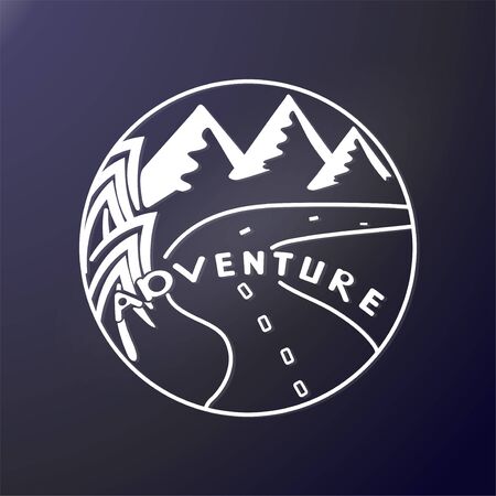 Adventure. Trees, road and Mountains in round frame. Outdoor sticker. Print on textile, club shirt, graphic design. Vector. Gray contour. Firs and hills. Pattern for cars. Travel lifestyle. car sticker design. auto graphics. windshield stickersのイラスト素材
