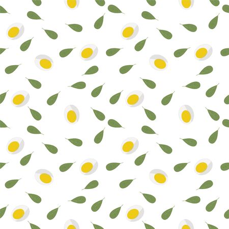 Keto diet. Seamless pattern of fresh Green lettuce, halved eggs. For blog background. Can be used as packaging for healthy foods, as wrapping paper, wall art, posters. Vector illustration for caffe, bakery. Tasty tileのイラスト素材