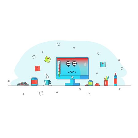 The computer is overheated. Breakdown Funny cartoon computer character with heat and a thermometer. Sick and medication. Tea and pills. Needs help. Workplace, office and repair symbols. Vector illustration for blog, website, booklet, banner.の写真素材