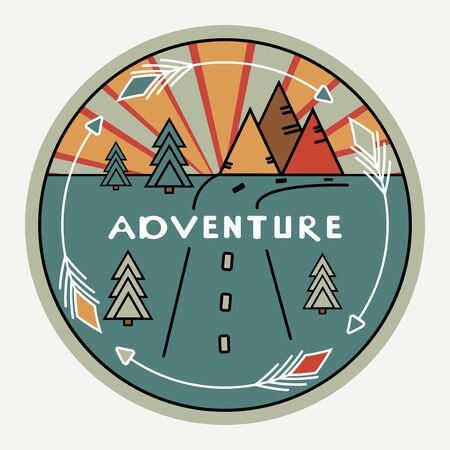 Round retro or vintage style. Outdoor decor for cars, travel. Mountains, pines, sunset. Inscription Adventure. The emblem of tourism. The symbol of the road. Club label for prints, clothes. Inspiring logo illustration. White arrows, gray backgroundのイラスト素材