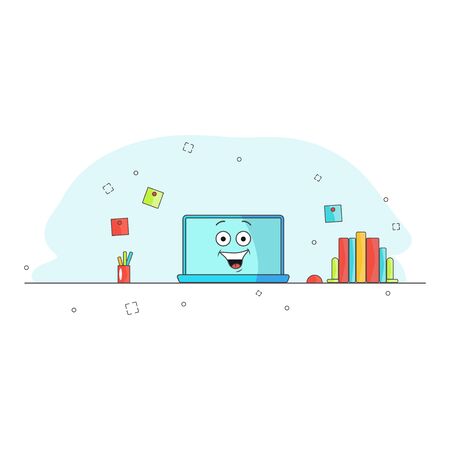 Computer repaired. Funny cartoon computer character rejoices and laughs. Workspace. Assisted. Vector illustration for blog, website, banner. Blue background. Office equipment. Thumbs up. Emotional laptopのイラスト素材