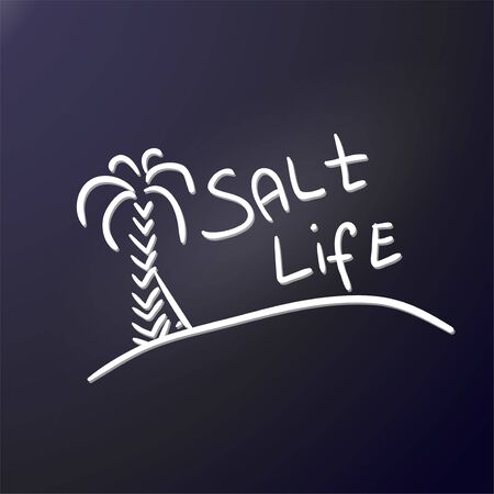 Tourist logo salt life. Sandy island, high palm tree, surfboard and phrase. The emblem of an active lifestyle, beach holidays, surfing. To create car sticker, poster for decorating cafe or camping, prints for t-shirt or clothes. Vector illustrationのイラスト素材