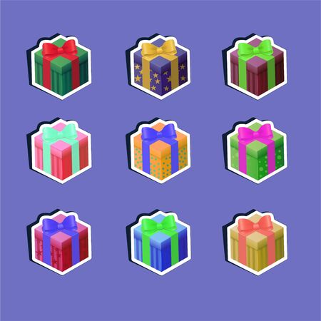 Set of nine gift boxes. Bright multi-colored boxes tied with satin ribbons. To create icons on the site, in games, mobile applications. For scrapbooking, design holidays, invitations, labels. Vector illustration.のイラスト素材