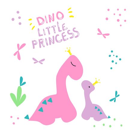 Dino cover. Two dinosaurs in crowns print. Little dino and his mom pattern. Pink color poster with lettering little princess. For the design of nursery, the creation of cards, invitations to baby shower, birthday. Vector illustration butterfly, dotのイラスト素材