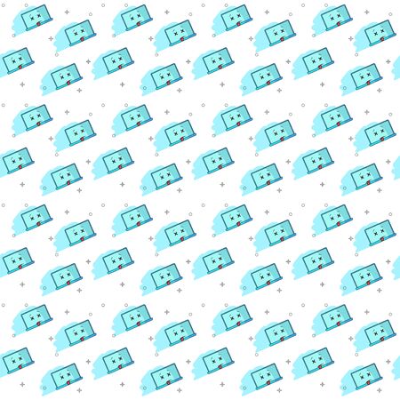 Seamless pattern on white background. Broken laptop. Breakdown Funny cartoon computer character with eyes closed and tongue hanging out. Sick and medication Needs help. Vector illustration for blog, website, booklet, bannerのイラスト素材