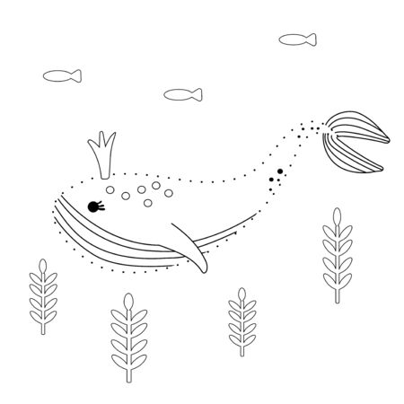 Connect the dots. Whale in the root underwater Cartoon poster. Marine coloring book page for kids. Black and white line art. Vector illustration of sea princess sperm whale. Ocean print card for educational leisure. fish, algaeのイラスト素材