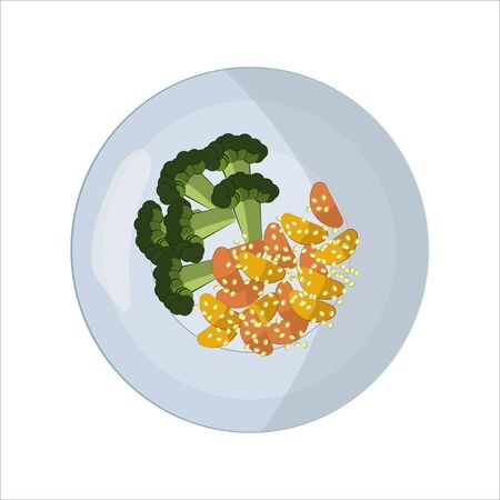 Food on the plate. Broccoli and potatoes with sesame. Lunch or dinner. Icon for application, website design or menu, restaurant, cafe. Proper nutrition icon. Healthy food. Vector illustration of recipe for vegetables on a round dish. In flat styleのイラスト素材