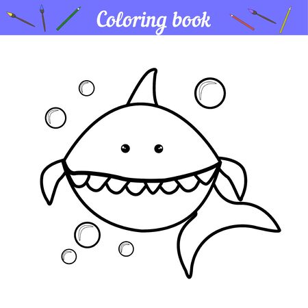 Baby shark and bubbles. Page for coloring. Simple coloring for preschoolers. Thick outline. Cartoon fish character. Nautical card to print. Black and white silhouette. Vector illustration for educational games applications. Sea lifeのイラスト素材