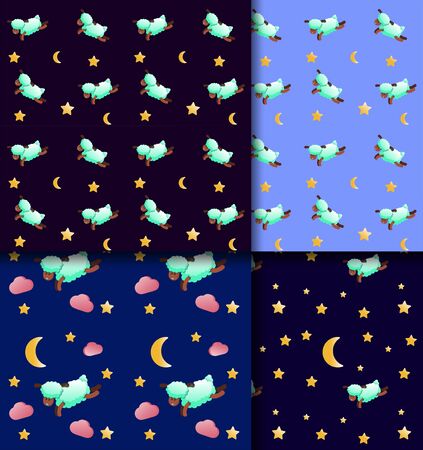 Cute sleepy sheep. Seamless pattern for baby textiles. Cartoon animal character. Set of prints on blue and black background. Stars and moon. funny design for fabric. Turquoise wool. Vector illustration. Pink clouds. Repeating design for pajamasのイラスト素材