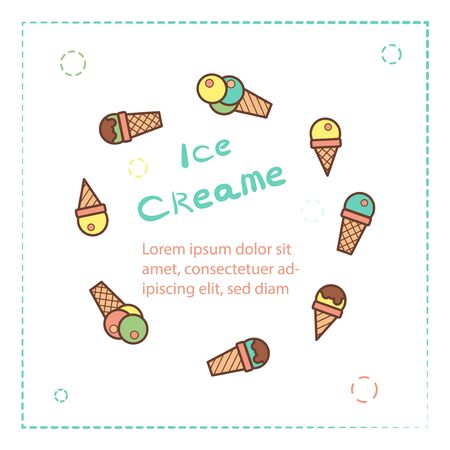Ice Cream Icons. Round frame and hand lettering. Handwritten letters and pattern text. In flat style sweets. Card, poster or banner for the site. Square afisha. For registration of cafe or restaurant, parties. Vector illustrationのイラスト素材