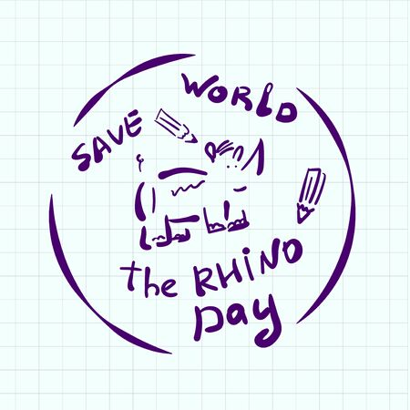 World Rhino Day doodle style sticker. Creative emblem hand drawn. Depicts a cartoon rhino in a circle. With an inscription. For creating logo, banner, web design, printing on clothes, decorating room. Vector illustration.のイラスト素材