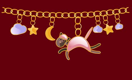 Gold necklace. Charm bracelet. Chain with yellow rings. Design with pink Cat star, night sky, cloud, moon. To create prints on children s clothing, textiles, fabrics, to decorate the interior of the children s room. Cartoon styleのイラスト素材