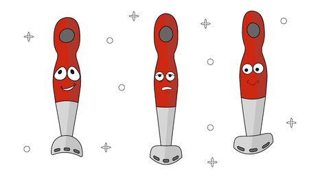 Cartoon household appliances set with three blenders with a red handle. Three emotions: joy, embarrassment, upset. To create icons, web design, landing pages, posters in cafes and restaurants. Vector illustration character for web applicationのイラスト素材