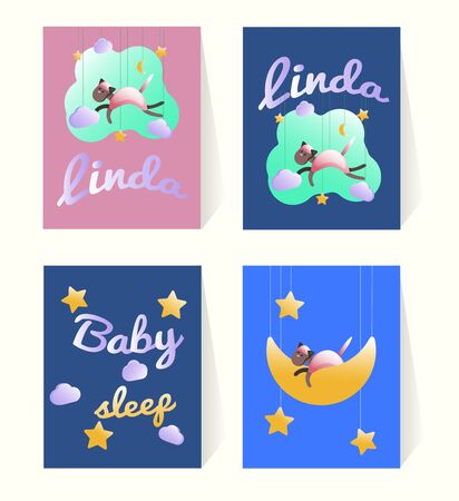 Birthday cards templates set with good night theme design. Design with pink Cat silhouette and phrase "Linda", star, night sky, cloud, moon Greeting card for celebration, anniversary, children's room decorations, party invitations, scrapbooking.のイラスト素材