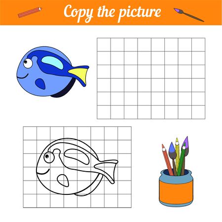 Fish coloring book Copy on the grid. With a sample of blue tang fish and bubbles. Leisure development. Game for children magazine. Cartoon Aquarium sea life. Page of the worksheet. vector illustration. repeat imageのイラスト素材