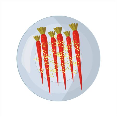 Carrots with wasp and sesame. Healthy food. Healthy food. The concept of lunch, dinner. Vegetables on a round plate. Elements of applications, infographics, icons for games. Restaurant menu design, cafe. vector illustrationのイラスト素材