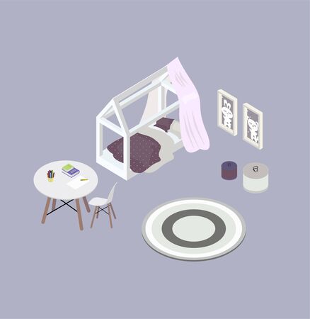 Isometric objects for a children room. White bed and purple bedding to the point. Round table and chair. Books and kardashi. The paintings on the wall. Carpet and basket for toys. Delicate interior in pink and gray colors. Vector illustrationのイラスト素材