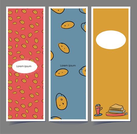 Bookmarks in sketch style. Hugge cards. Pattern of cookies on a red or blue background. Books and a cup of tea on mustard color. Contour of careless hand drawing. Design for print or vertical banner with area for text. Cozy cute vector illustration.のイラスト素材