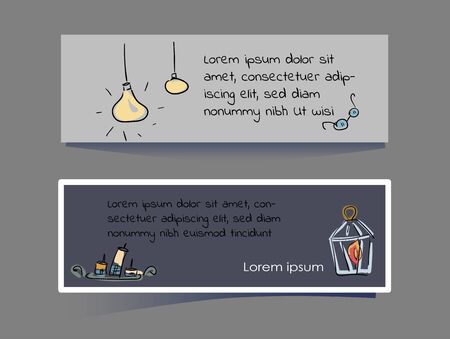 Cover or bookmark template. Cozy card sketches in the style of Hugge. contour drawings on a gray background. Lamps, candles on a tray, glasses and a flashlight. Cute design for print or banner, flyer with space for text. Vector illustrationのイラスト素材