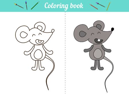 Coloring book for kids. Little mouse. A simple drawing with an example of color. Cartoon character animal. Page for preschool education, cards for printing, lessons. Vector illustration rat isolated on white backgroundのイラスト素材
