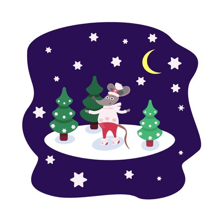 Cartoon character Rat in winter clothes stands on the snow among the Christmas trees. Card with a starry night and a forest. Cute mouse for printing on fabric or poster. Funny animal symbol of the year. Vector illustrationのイラスト素材