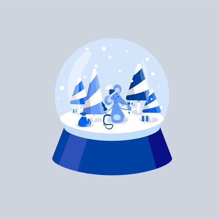 Blue rat with a Christmas tree and candy in its paws. Mouse, caramel trees and gifts. White and blue winter illustration. Snowball. A little mouse is sitting in the snow. for printing on cards, scars, posters. Vector illustrationのイラスト素材