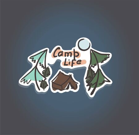 Silhouette of pine or spruce. Handmade illustration in doodle style. Sketch vector road emblem for auto glass, travel sticker. The inscription camp life. For photography, poster, road sign, expeditionary label. Careless color sketchesのイラスト素材