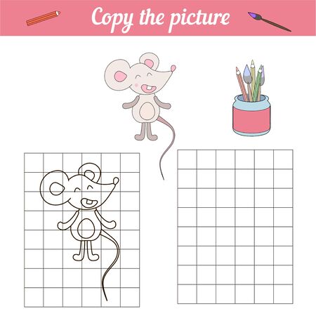 Coloring book for children. Little mouse. Repeat the picture. Worksheet with a game. A simple drawing with an example of color. Paper game for preschoolers, cards for printing, lessons. Vector illustration of an animal rat.のイラスト素材