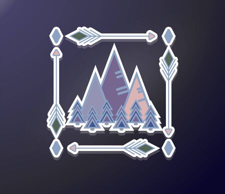 Sticker with mountains and forest. Landscape framed by arrows. Travel logo or print for travel style fabric. Vector illustration of light gray, lilac, green. Sign for hiking, outdoor recreation, poster with pine trees.のイラスト素材