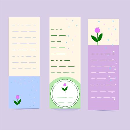 Vertical flyers or banners in delicate colors with butterflies and tulips. Set of bookmarks with place for text, message. Cute vector patterns. Bright illustrations for a festive decor. Simple pattern purple, blue, pale green colorsのイラスト素材