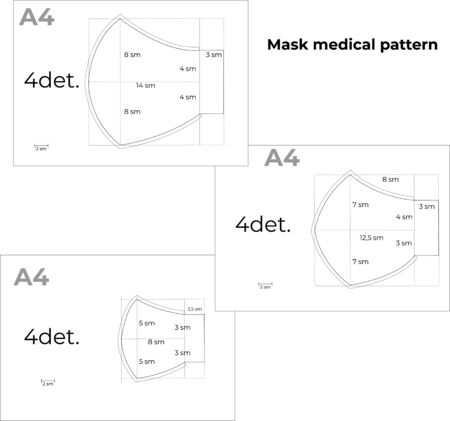 Reusable medical mask template against influenza viruses. Instructions for printing A4 format. DIY sewing pattern. The size is large, medium and children, separated by layers. Vector illustration.のイラスト素材