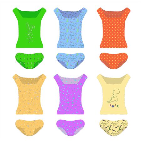 A set of underwear. T-shirts and panties in different colors. Cartoon clothes, knitwear or pajamas isolated on a white background. Bright patterns on colorful clothes for children and adults. Vector illustration for paper dollのイラスト素材
