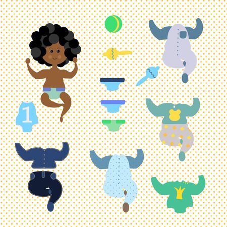 Baby with dark skin and black curls. With a set of clothes and toys. Diaper, bodysuit, romper, rattle and ball. Cute character in cartoon style. The boy is a paper doll. Vector illustration. For printing and cutting. Game for childrenのイラスト素材
