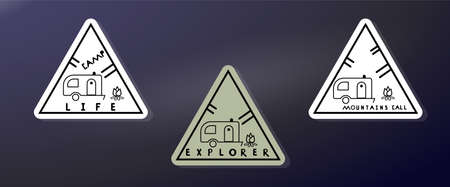 Set of monochrome stickers with the image of the camper. Emblems in a linear styleのイラスト素材