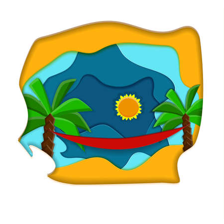 Seashore landscape. Paper cut bright vector illustration. Sun, palm trees, hammock and sand.のイラスト素材