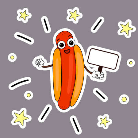 Hot dog character is holding a sign. Vector cartoon live food. A sausage with a face among the stars.のイラスト素材