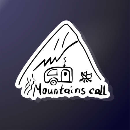 Sketch camping and foot of the mountain. Doodle style triangle sticker. Campfire rest in the wilderness. Black and white vector illustration. Hand lettering mountains call.のイラスト素材