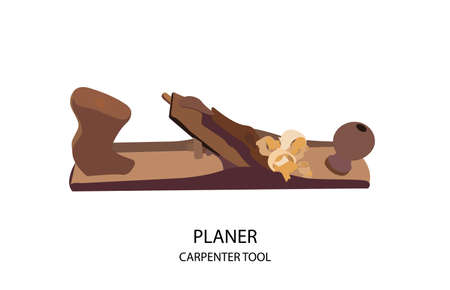 Joiners tool. Wooden planer on a white background. An old tool for working with wood. Shavings.のイラスト素材