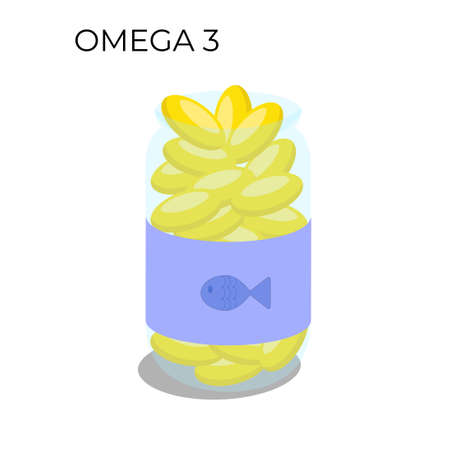 A bottle of fish oil capsules. Flat vector illustration of omega 3 supplement.のイラスト素材